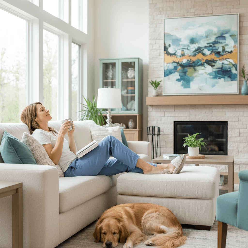 Doctor relaxing on a comfortable couch in a bright living room