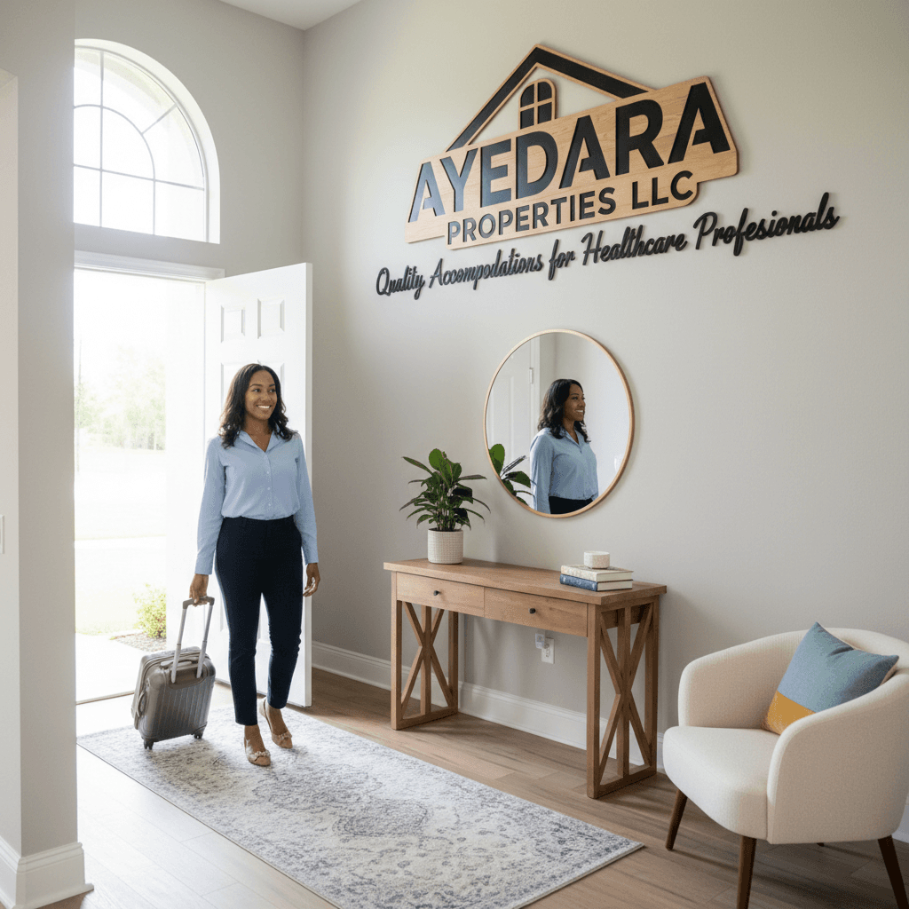 Travel nurse entering a bright, modern furnished home with a suitcase.