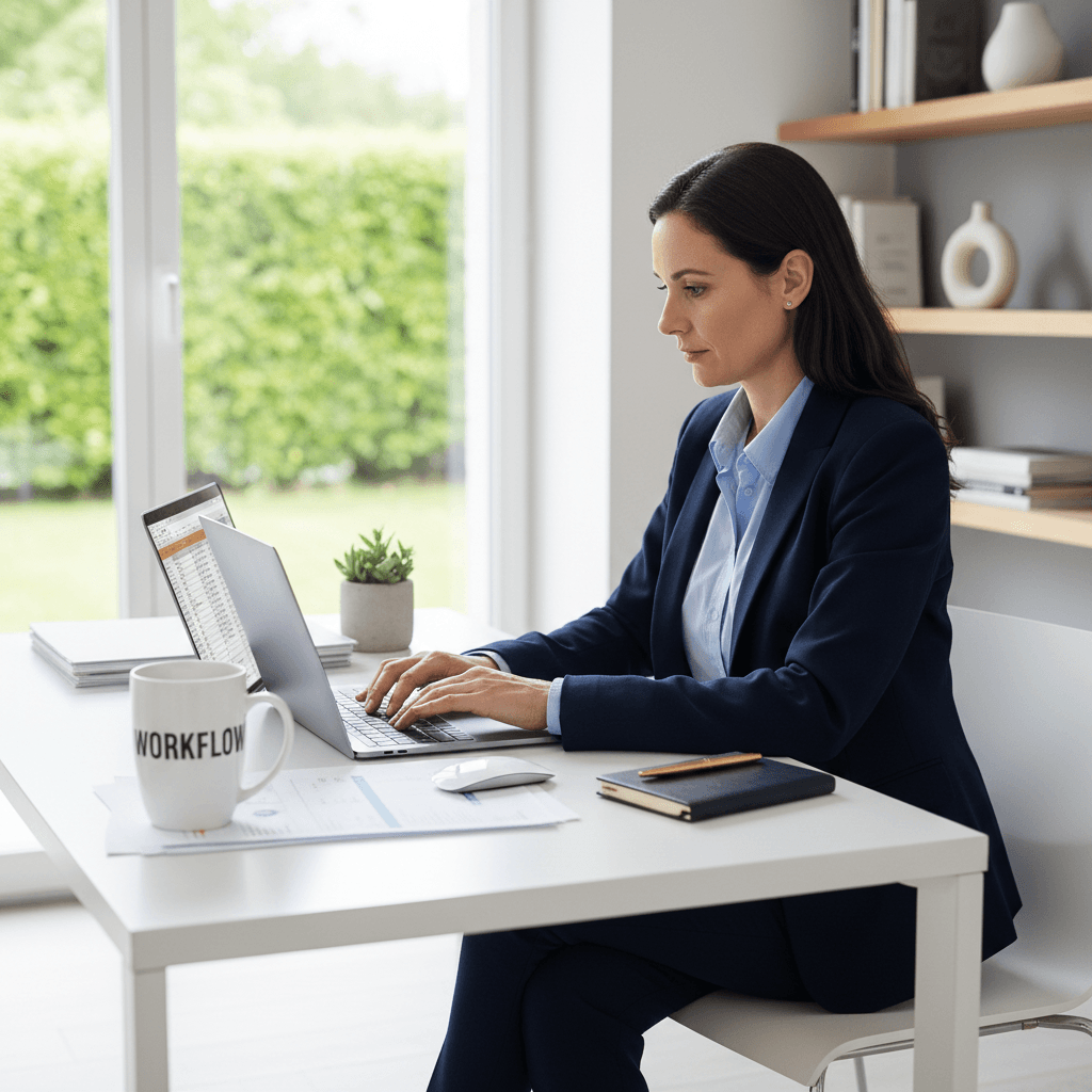 Corporate employee working on a laptop at a clean home office desk
