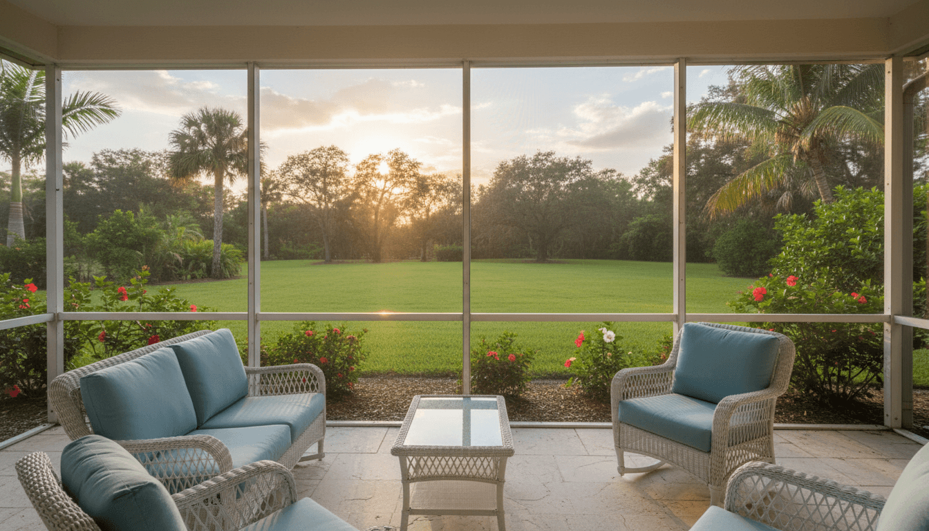 Outdoor screened lanai with simple patio furniture, facing a quiet green lawn