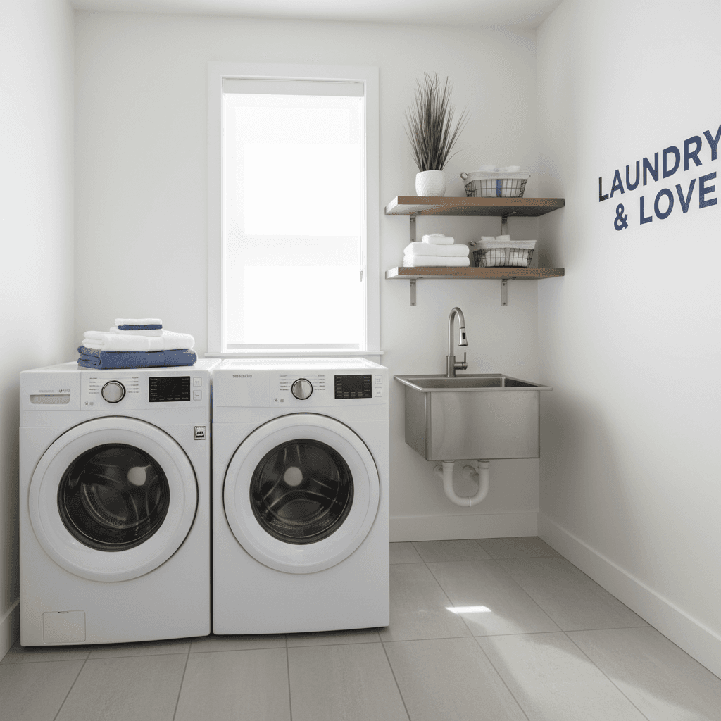 Stackable washer and dryer in bright clean utility closet