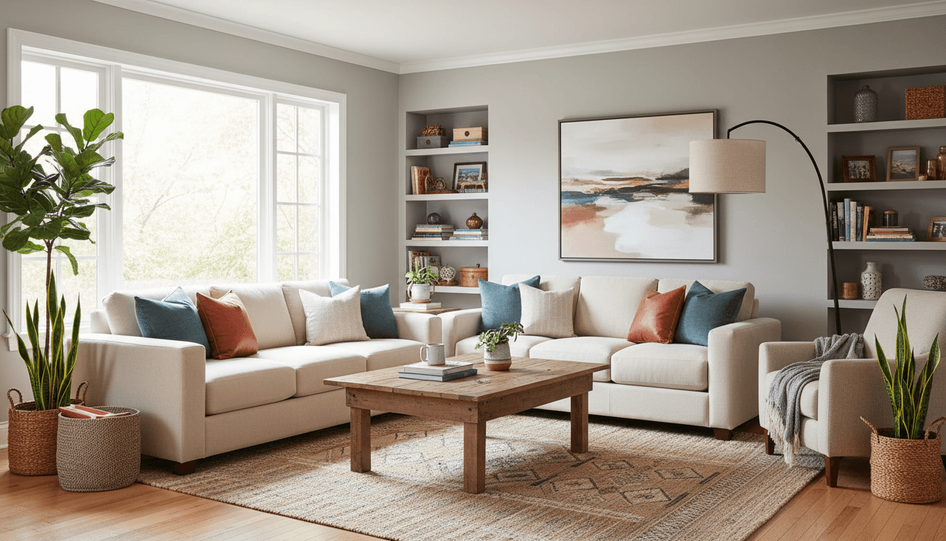 Cozy furnished living room in a corporate rental home with a comfortable couch and warm natural light