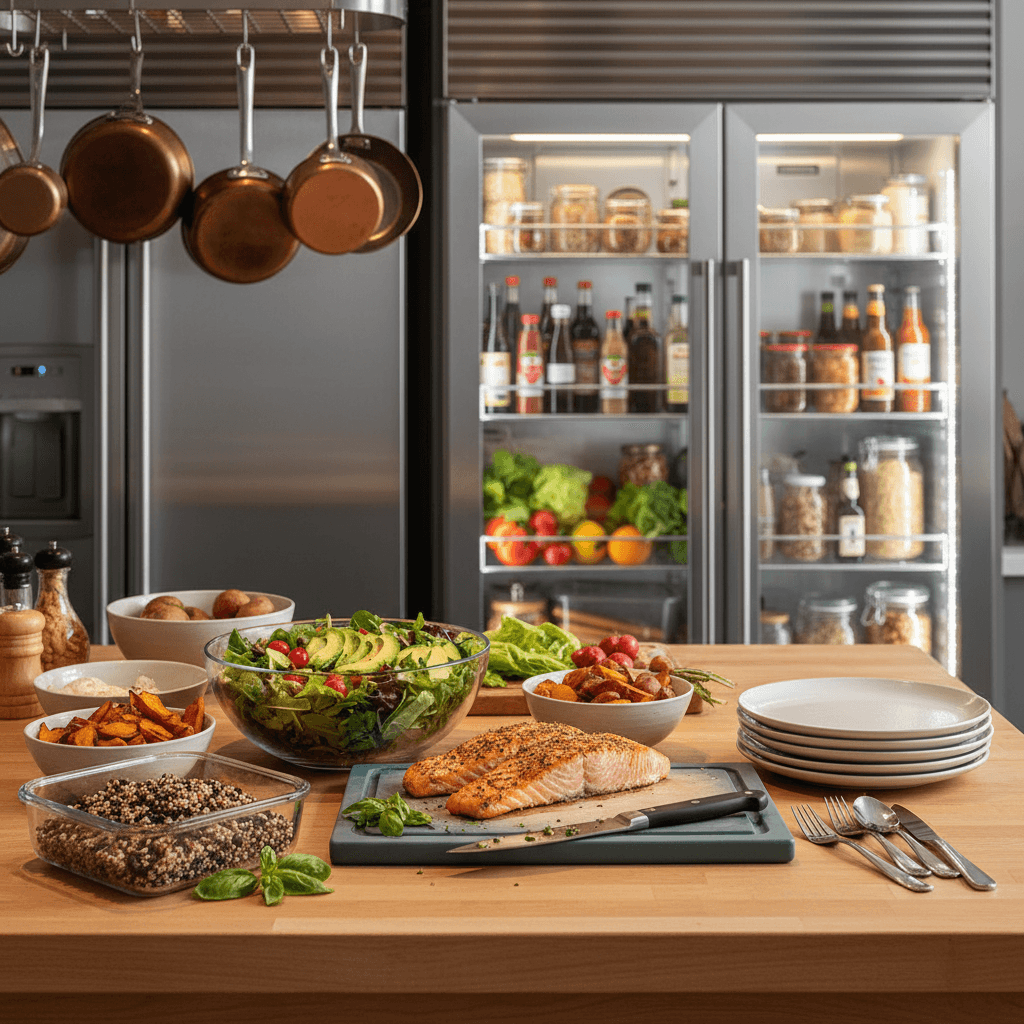 Healthy meal being prepared in a fully stocked modern kitchen