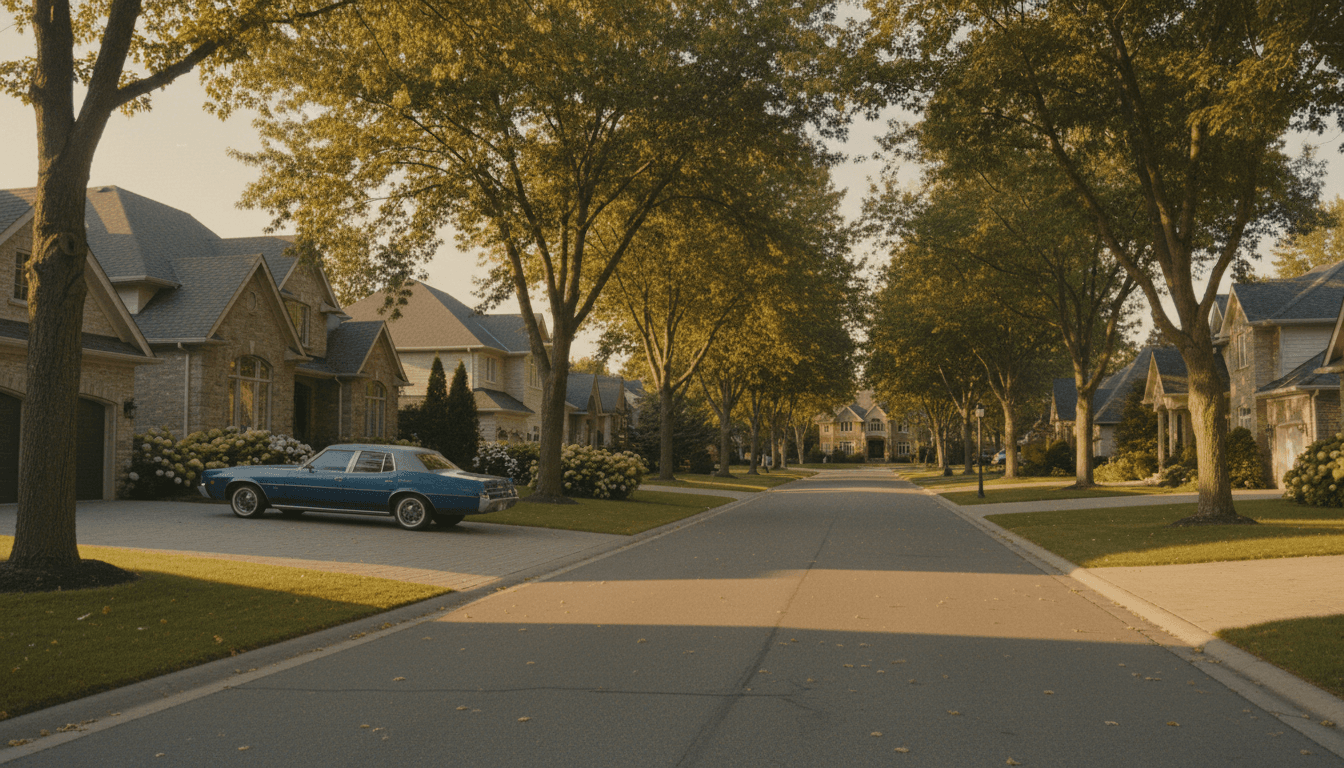 Quiet tree-lined street in a Windermere residential neighborhood at golden hour
