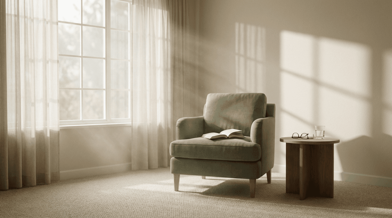 Sunlit furnished living room with a view of a quiet palm-lined Windermere street